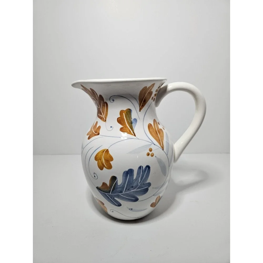 Teleflora Gift Ceramic Water Pitcher Hand Painted Fall Oak Leaves Berries White